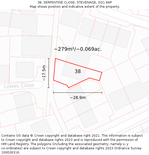 38, SERPENTINE CLOSE, STEVENAGE, SG1 6AP: Plot and title map
