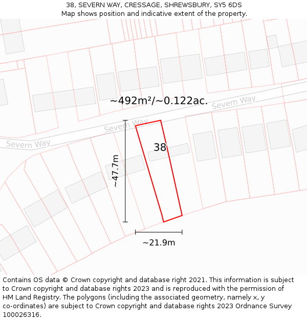 38, SEVERN WAY, CRESSAGE, SHREWSBURY, SY5 6DS: Plot and title map
