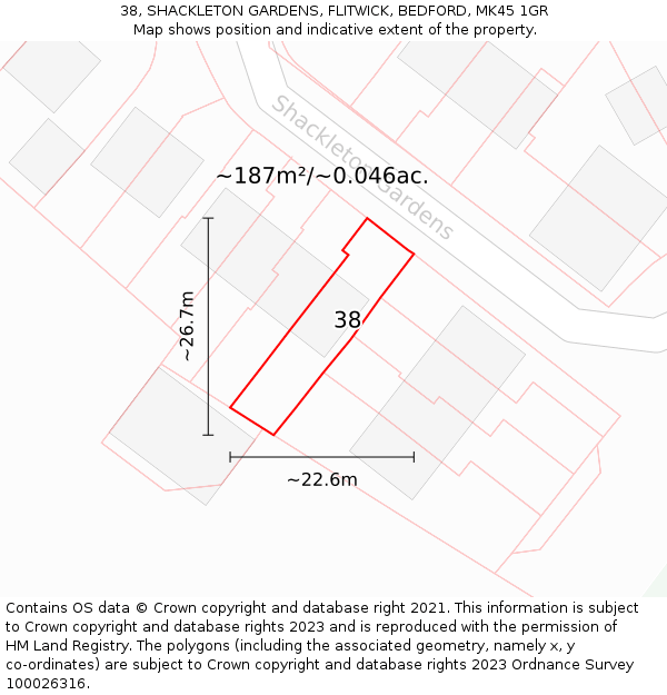 38, SHACKLETON GARDENS, FLITWICK, BEDFORD, MK45 1GR: Plot and title map