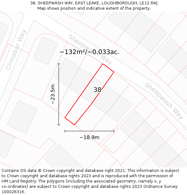 38, SHEEPWASH WAY, EAST LEAKE, LOUGHBOROUGH, LE12 6WJ: Plot and title map