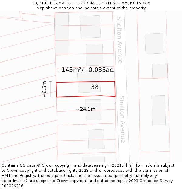 38, SHELTON AVENUE, HUCKNALL, NOTTINGHAM, NG15 7QA: Plot and title map