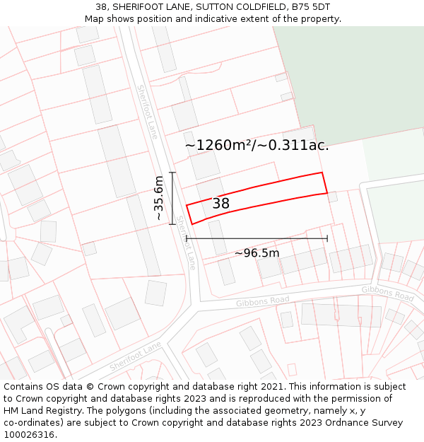 38, SHERIFOOT LANE, SUTTON COLDFIELD, B75 5DT: Plot and title map