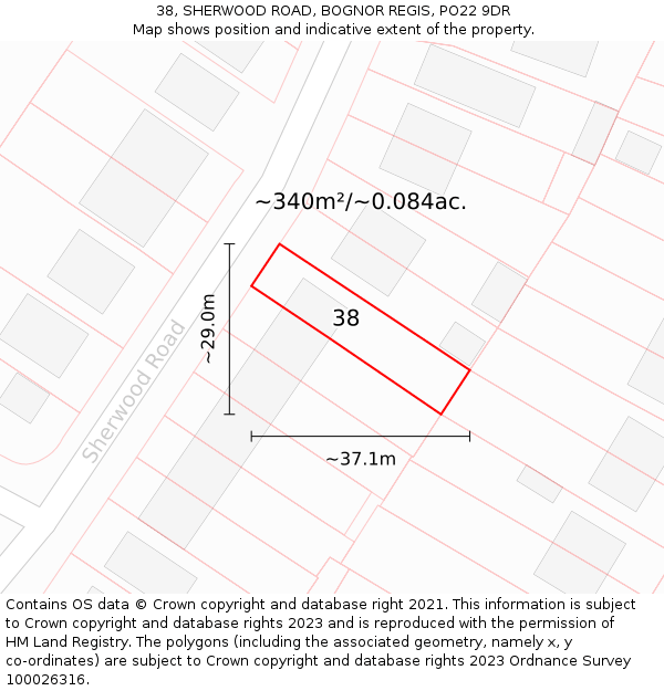 38, SHERWOOD ROAD, BOGNOR REGIS, PO22 9DR: Plot and title map