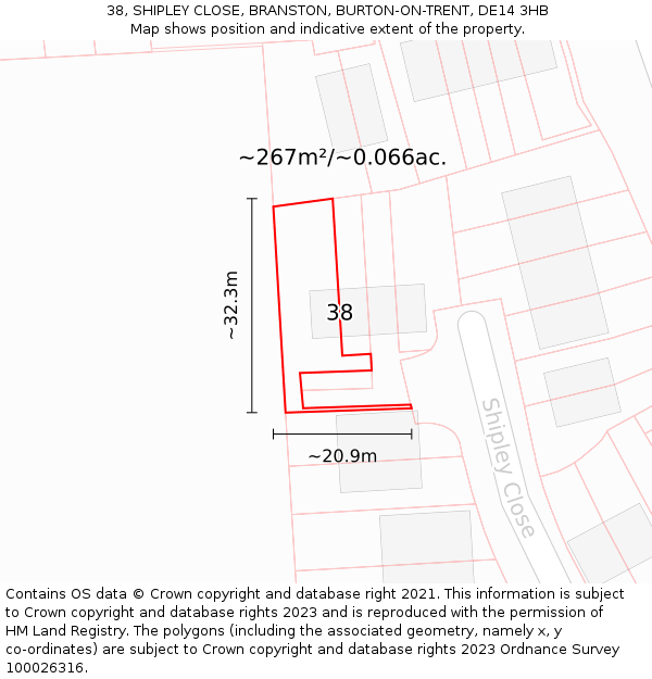 38, SHIPLEY CLOSE, BRANSTON, BURTON-ON-TRENT, DE14 3HB: Plot and title map