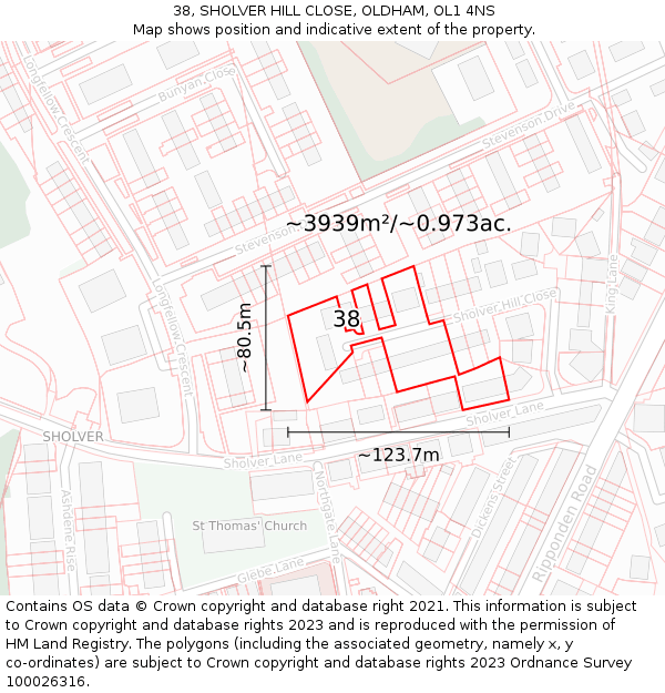 38, SHOLVER HILL CLOSE, OLDHAM, OL1 4NS: Plot and title map
