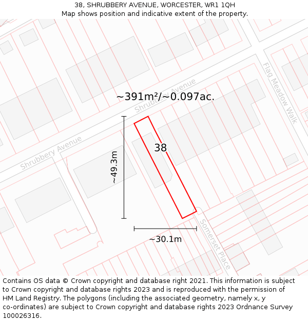 38, SHRUBBERY AVENUE, WORCESTER, WR1 1QH: Plot and title map