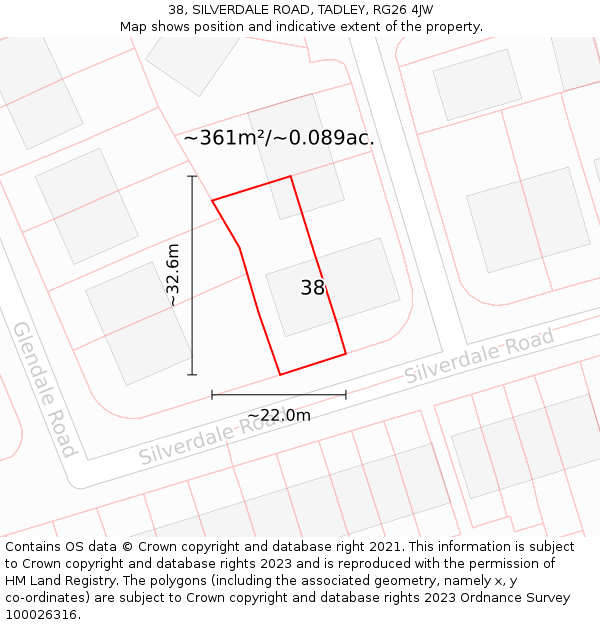38, SILVERDALE ROAD, TADLEY, RG26 4JW: Plot and title map