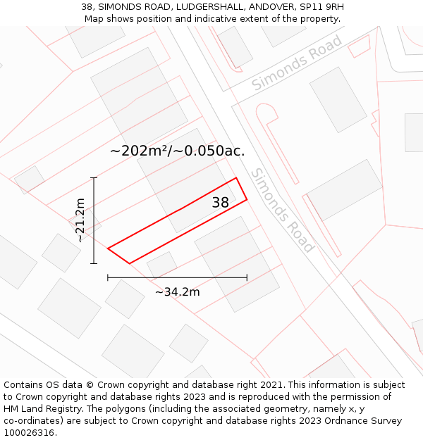38, SIMONDS ROAD, LUDGERSHALL, ANDOVER, SP11 9RH: Plot and title map