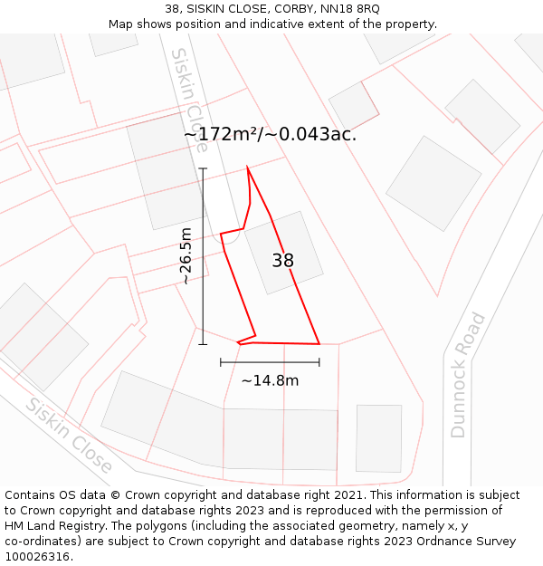 38, SISKIN CLOSE, CORBY, NN18 8RQ: Plot and title map