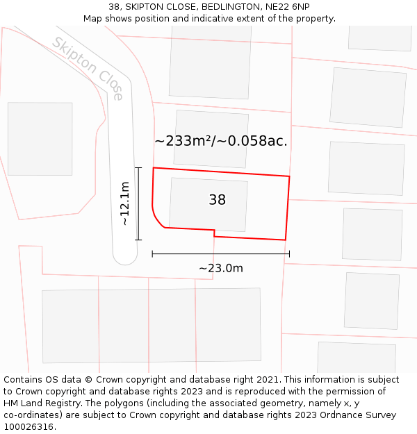 38, SKIPTON CLOSE, BEDLINGTON, NE22 6NP: Plot and title map