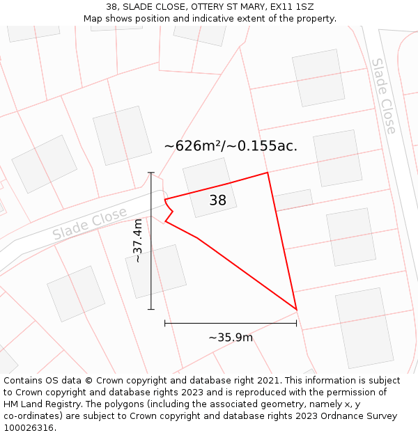 38, SLADE CLOSE, OTTERY ST MARY, EX11 1SZ: Plot and title map