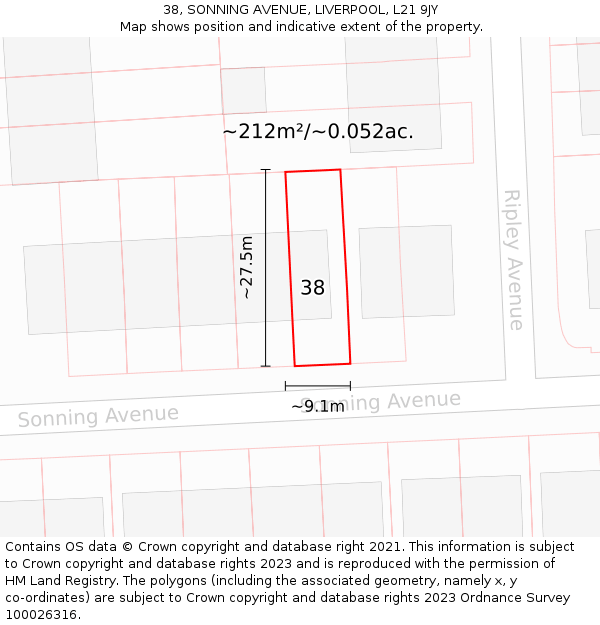 38, SONNING AVENUE, LIVERPOOL, L21 9JY: Plot and title map
