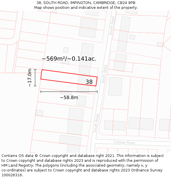 38, SOUTH ROAD, IMPINGTON, CAMBRIDGE, CB24 9PB: Plot and title map