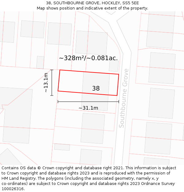 38, SOUTHBOURNE GROVE, HOCKLEY, SS5 5EE: Plot and title map