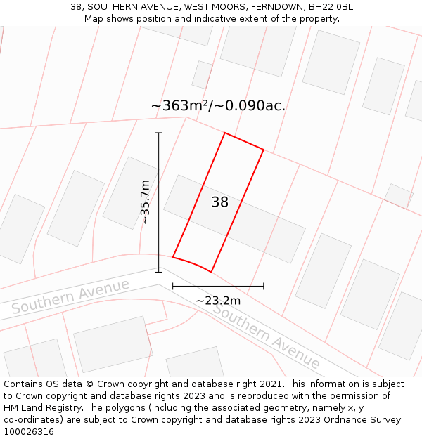 38, SOUTHERN AVENUE, WEST MOORS, FERNDOWN, BH22 0BL: Plot and title map