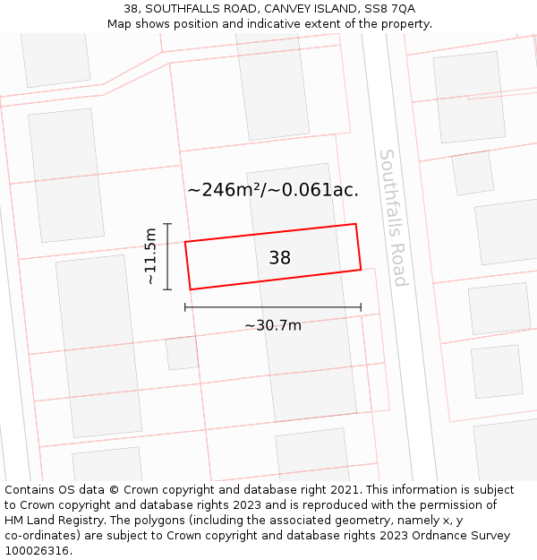 38, SOUTHFALLS ROAD, CANVEY ISLAND, SS8 7QA: Plot and title map