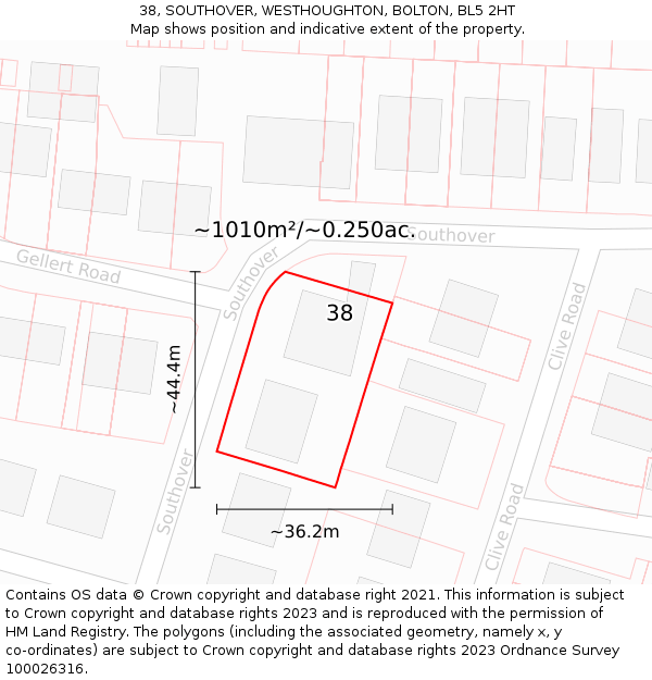 38, SOUTHOVER, WESTHOUGHTON, BOLTON, BL5 2HT: Plot and title map