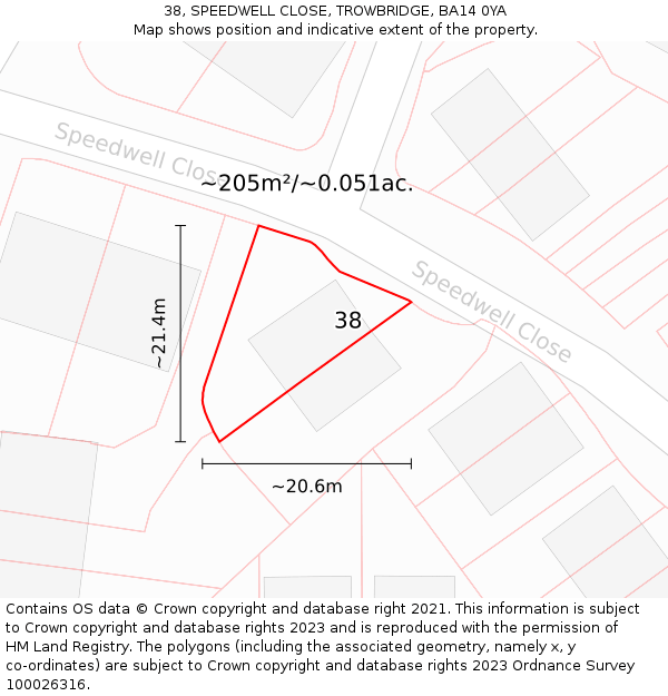 38, SPEEDWELL CLOSE, TROWBRIDGE, BA14 0YA: Plot and title map