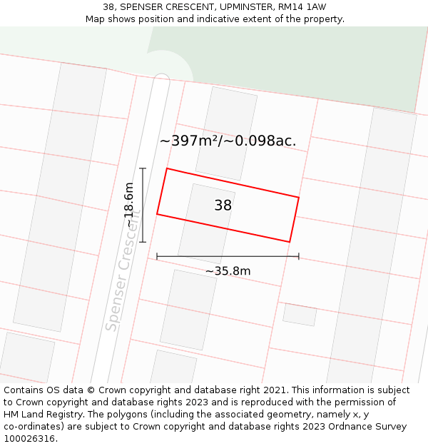 38, SPENSER CRESCENT, UPMINSTER, RM14 1AW: Plot and title map