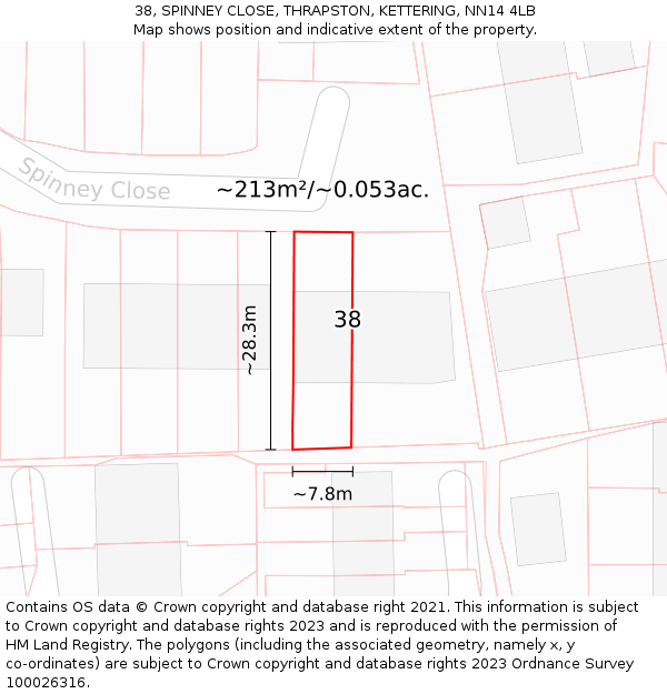 38, SPINNEY CLOSE, THRAPSTON, KETTERING, NN14 4LB: Plot and title map