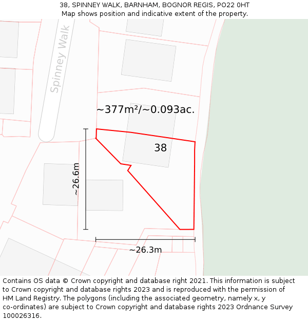38, SPINNEY WALK, BARNHAM, BOGNOR REGIS, PO22 0HT: Plot and title map