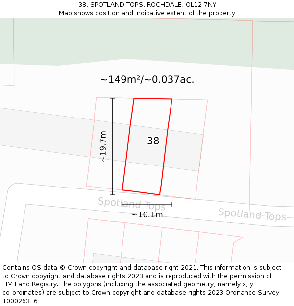 38, SPOTLAND TOPS, ROCHDALE, OL12 7NY: Plot and title map