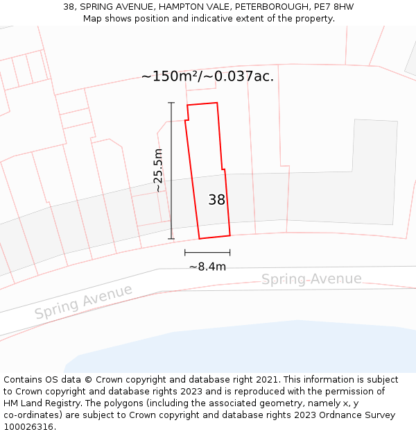 38, SPRING AVENUE, HAMPTON VALE, PETERBOROUGH, PE7 8HW: Plot and title map