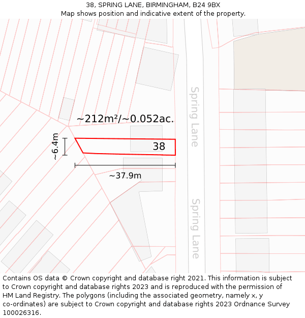 38, SPRING LANE, BIRMINGHAM, B24 9BX: Plot and title map
