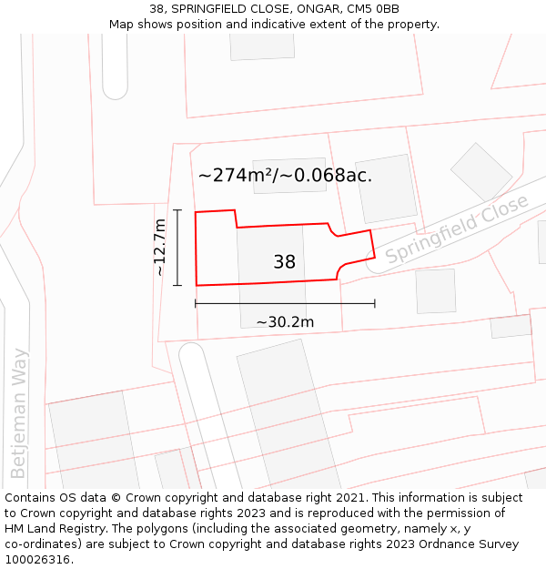 38, SPRINGFIELD CLOSE, ONGAR, CM5 0BB: Plot and title map