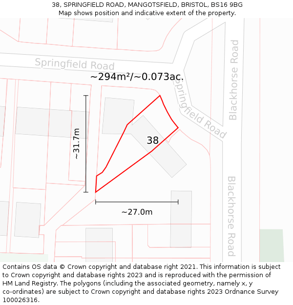 38, SPRINGFIELD ROAD, MANGOTSFIELD, BRISTOL, BS16 9BG: Plot and title map