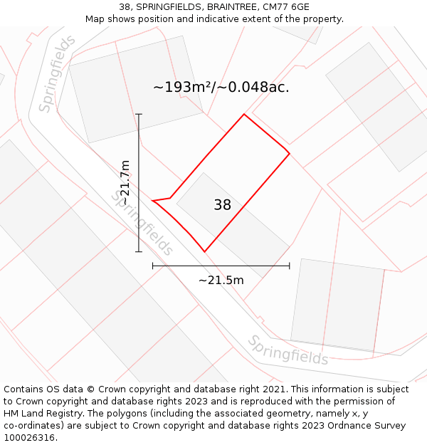 38, SPRINGFIELDS, BRAINTREE, CM77 6GE: Plot and title map