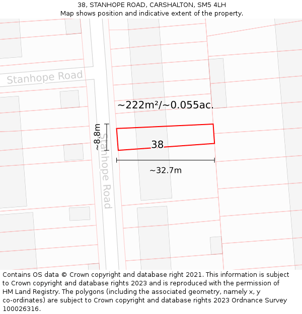 38, STANHOPE ROAD, CARSHALTON, SM5 4LH: Plot and title map