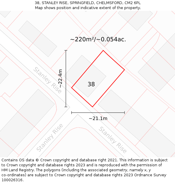 38, STANLEY RISE, SPRINGFIELD, CHELMSFORD, CM2 6PL: Plot and title map