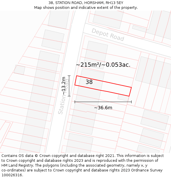 38, STATION ROAD, HORSHAM, RH13 5EY: Plot and title map