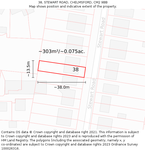 38, STEWART ROAD, CHELMSFORD, CM2 9BB: Plot and title map
