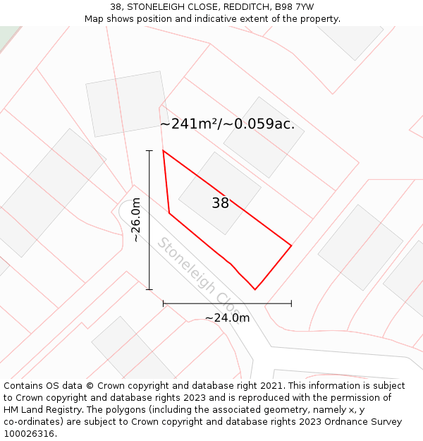38, STONELEIGH CLOSE, REDDITCH, B98 7YW: Plot and title map