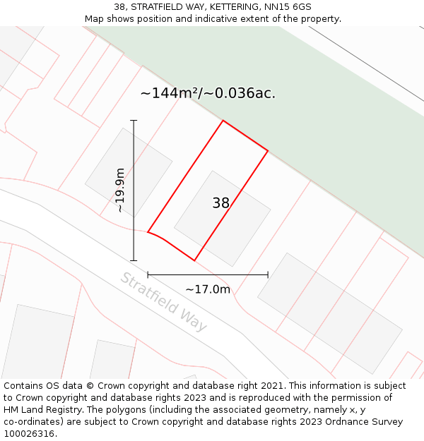 38, STRATFIELD WAY, KETTERING, NN15 6GS: Plot and title map