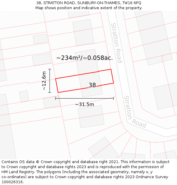 38, STRATTON ROAD, SUNBURY-ON-THAMES, TW16 6PQ: Plot and title map