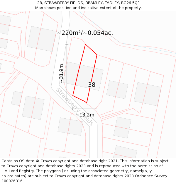 38, STRAWBERRY FIELDS, BRAMLEY, TADLEY, RG26 5QF: Plot and title map