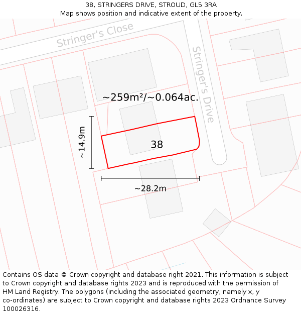 38, STRINGERS DRIVE, STROUD, GL5 3RA: Plot and title map