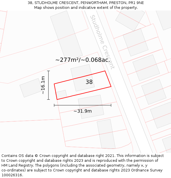 38, STUDHOLME CRESCENT, PENWORTHAM, PRESTON, PR1 9NE: Plot and title map