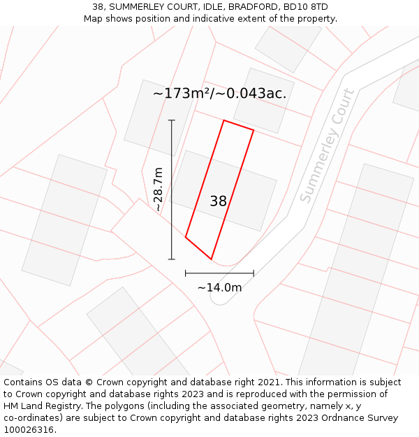 38, SUMMERLEY COURT, IDLE, BRADFORD, BD10 8TD: Plot and title map