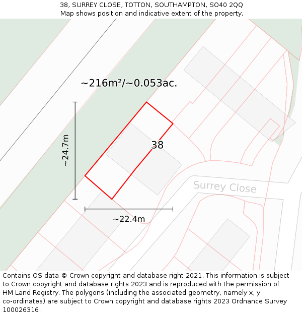 38, SURREY CLOSE, TOTTON, SOUTHAMPTON, SO40 2QQ: Plot and title map