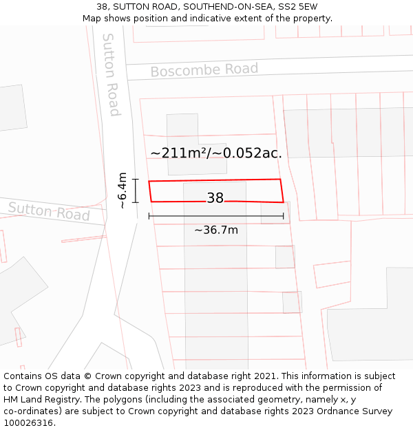 38, SUTTON ROAD, SOUTHEND-ON-SEA, SS2 5EW: Plot and title map