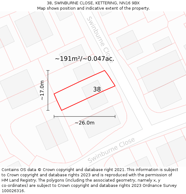 38, SWINBURNE CLOSE, KETTERING, NN16 9BX: Plot and title map