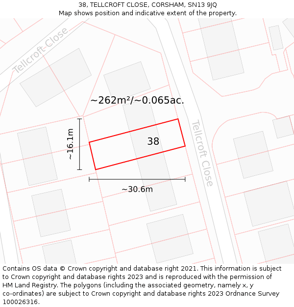 38, TELLCROFT CLOSE, CORSHAM, SN13 9JQ: Plot and title map