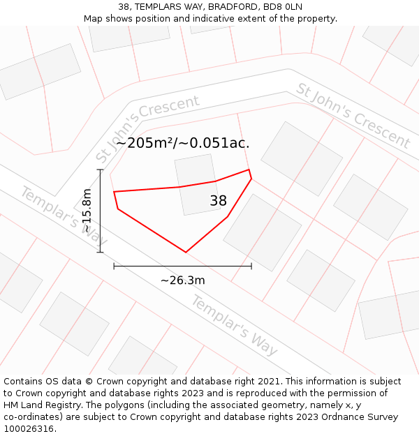 38, TEMPLARS WAY, BRADFORD, BD8 0LN: Plot and title map