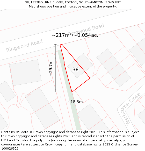 38, TESTBOURNE CLOSE, TOTTON, SOUTHAMPTON, SO40 8BT: Plot and title map