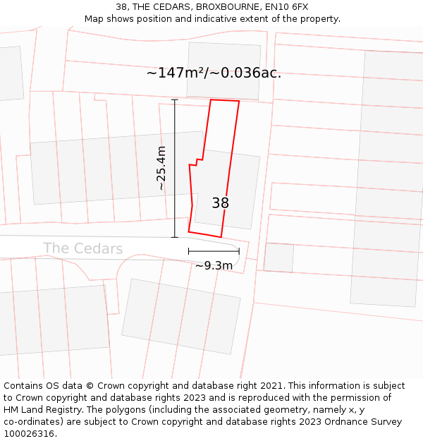 38, THE CEDARS, BROXBOURNE, EN10 6FX: Plot and title map