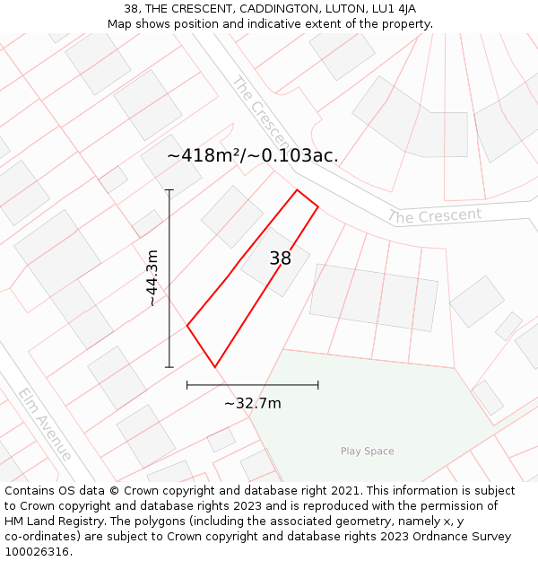 38, THE CRESCENT, CADDINGTON, LUTON, LU1 4JA: Plot and title map